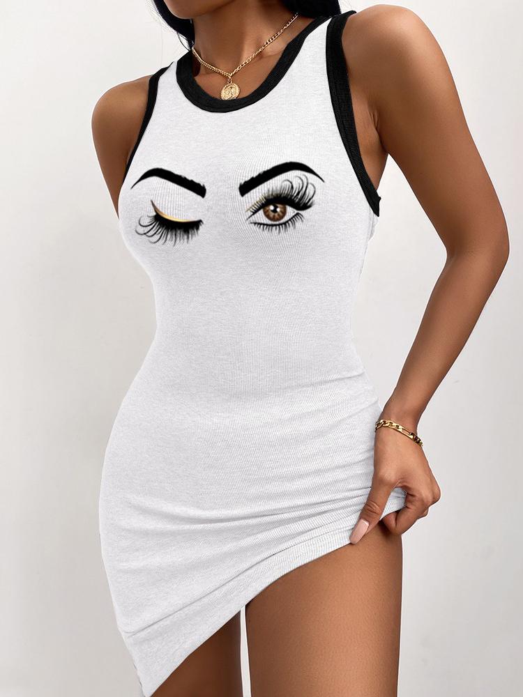 Eye-catching Eye Print Round Neck Ribbed Tank Dress - Bodycon Dresses - INS | Online Fashion Free Shipping Clothing, Dresses, Tops, Shoes - 26/04/2021 - Bodycon Dresses - Color_White