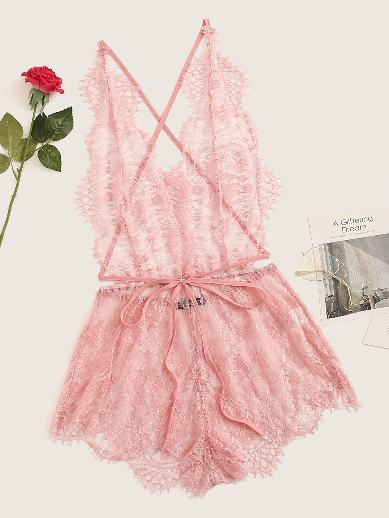 Eyelash Lace Plunging Sleep Romper - INS | Online Fashion Free Shipping Clothing, Dresses, Tops, Shoes
