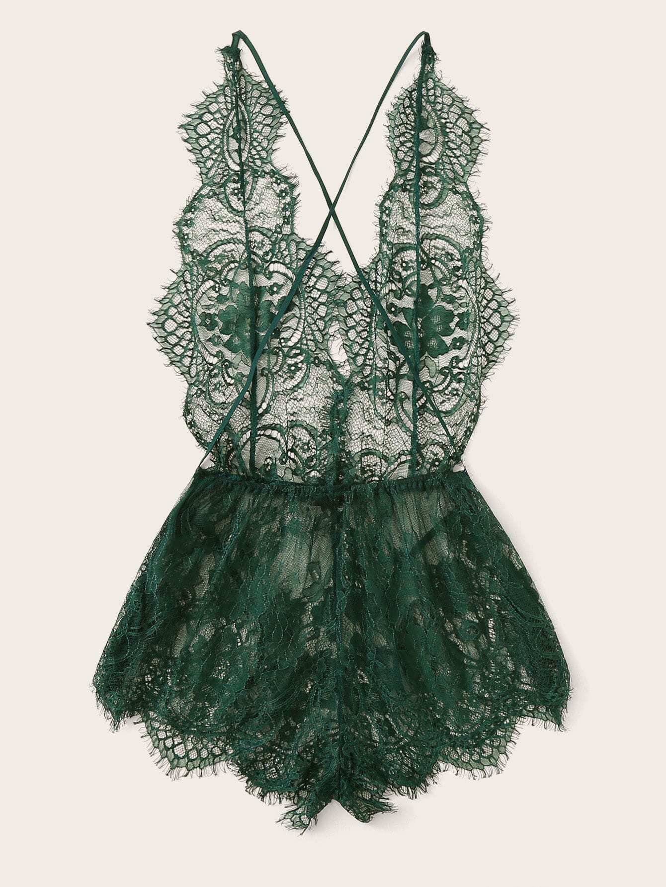 Eyelash Lace Plunging Sleep Romper - INS | Online Fashion Free Shipping Clothing, Dresses, Tops, Shoes