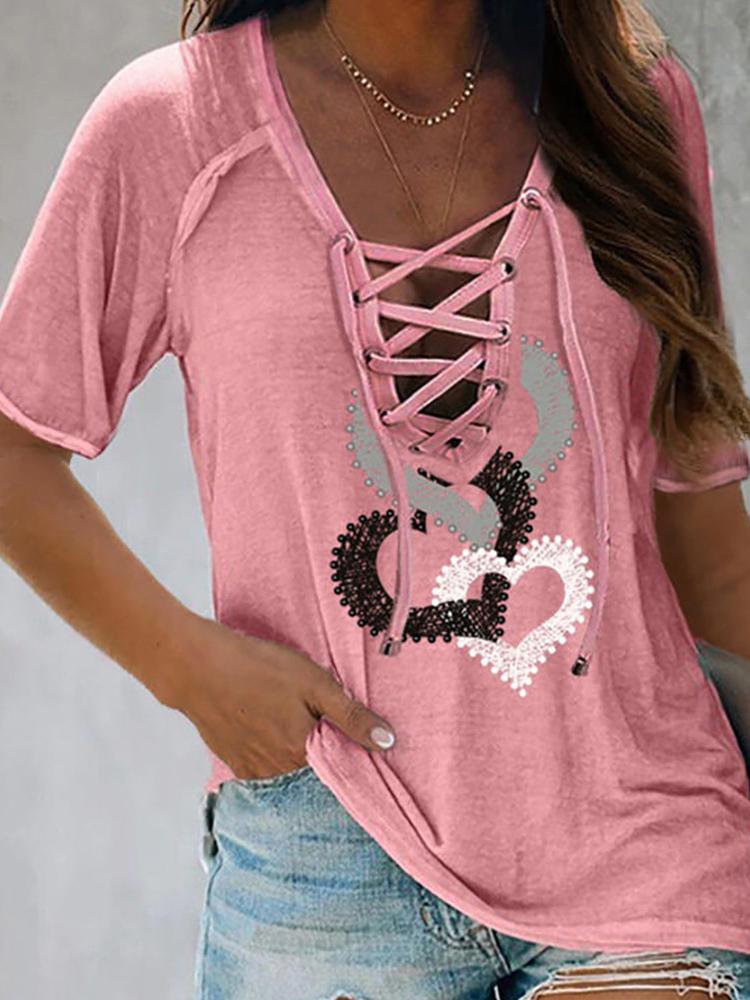 Eyelet Lace-up Heart Print Short Sleeve T-shirt - T-Shirts - INS | Online Fashion Free Shipping Clothing, Dresses, Tops, Shoes - 27/04/2021 - Color_Pink - Season_Summer