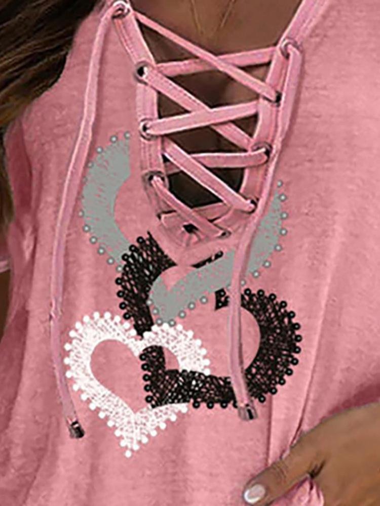 Eyelet Lace-up Heart Print Short Sleeve T-shirt - T-Shirts - INS | Online Fashion Free Shipping Clothing, Dresses, Tops, Shoes - 27/04/2021 - Color_Pink - Season_Summer
