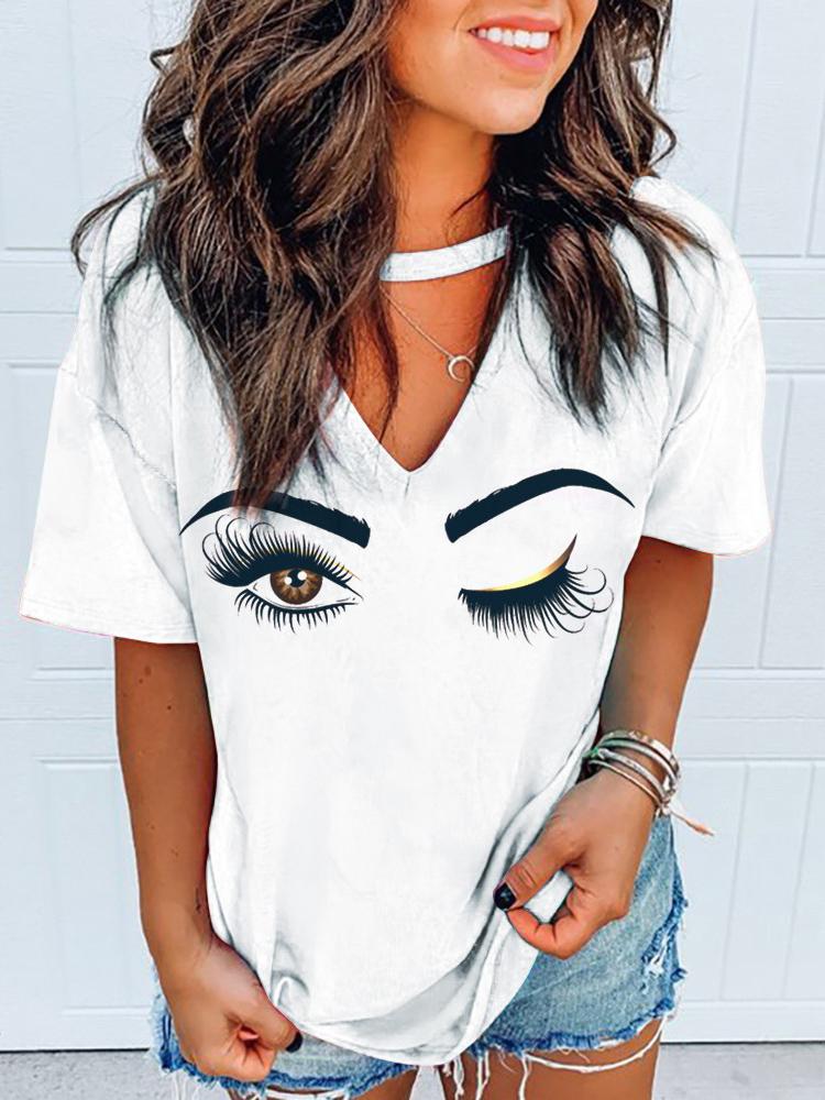Eyes Print Cutout Front Casual T-shirt - T-Shirts - INS | Online Fashion Free Shipping Clothing, Dresses, Tops, Shoes - 27/04/2021 - Color_White - Season_Summer