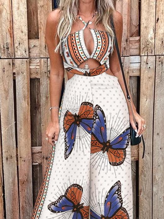 Fashion Butterfly Print Cutout Jumpsuit - Jumpsuit & Rompers - INS | Online Fashion Free Shipping Clothing, Dresses, Tops, Shoes - 16/06/2021 - 30-40 - Bottoms