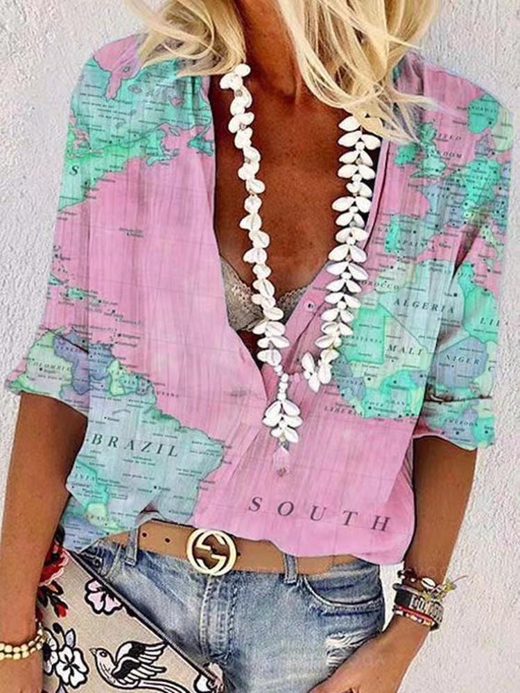 Fashion Casual Loose Map Printing Blouses - Blouses - INS | Online Fashion Free Shipping Clothing, Dresses, Tops, Shoes - 10/06/2021 - BLO2106100059 - Blouses