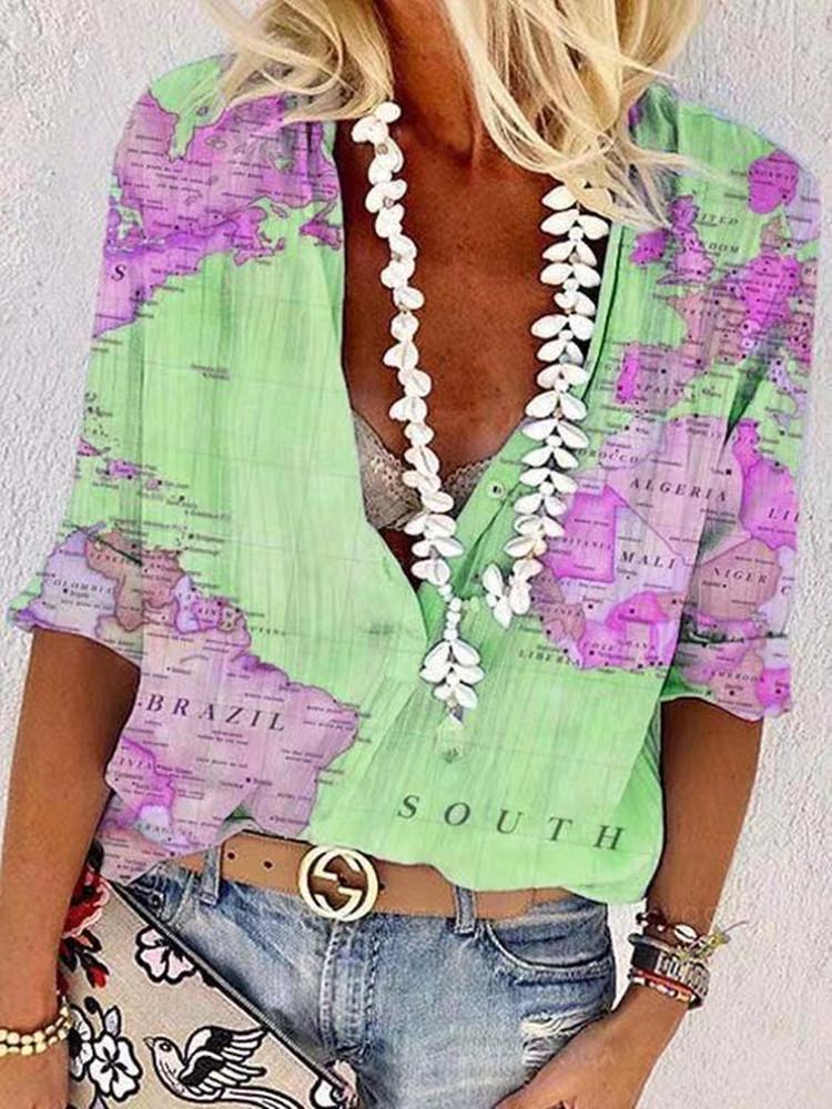 Fashion Casual Loose Map Printing Blouses - Blouses - INS | Online Fashion Free Shipping Clothing, Dresses, Tops, Shoes - 10/06/2021 - BLO2106100059 - Blouses