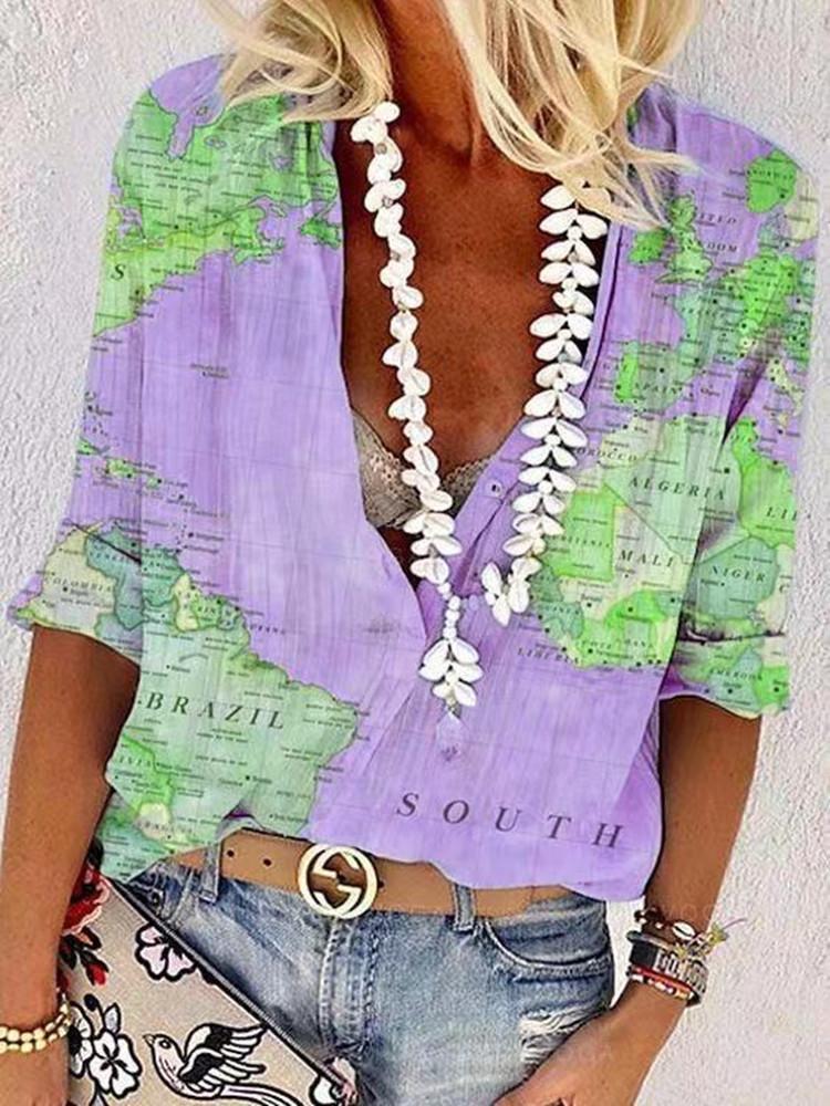 Fashion Casual Loose Map Printing Blouses - Blouses - INS | Online Fashion Free Shipping Clothing, Dresses, Tops, Shoes - 10/06/2021 - BLO2106100059 - Blouses