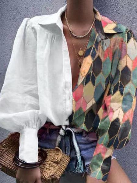 Fashion Color Matching Lapel Long Sleeve Shirt - Blouses - INS | Online Fashion Free Shipping Clothing, Dresses, Tops, Shoes - 16/06/2021 - 30-40 - BLO2106160103