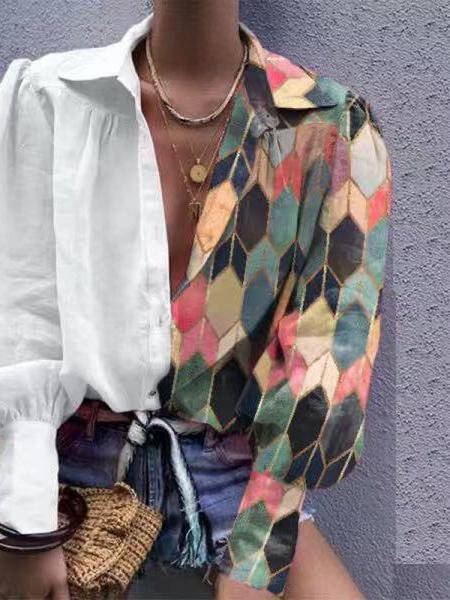 Fashion Color Matching Lapel Long Sleeve Shirt - Blouses - INS | Online Fashion Free Shipping Clothing, Dresses, Tops, Shoes - 16/06/2021 - 30-40 - BLO2106160103