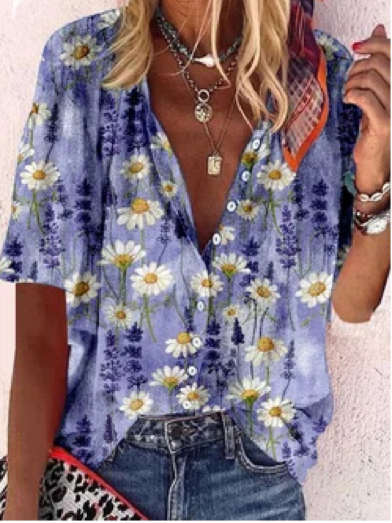Fashion Daisy Print Button Short-sleeved Shirt - Blouses - INS | Online Fashion Free Shipping Clothing, Dresses, Tops, Shoes - 03/06/2021 - BLO2106030003 - Blouses