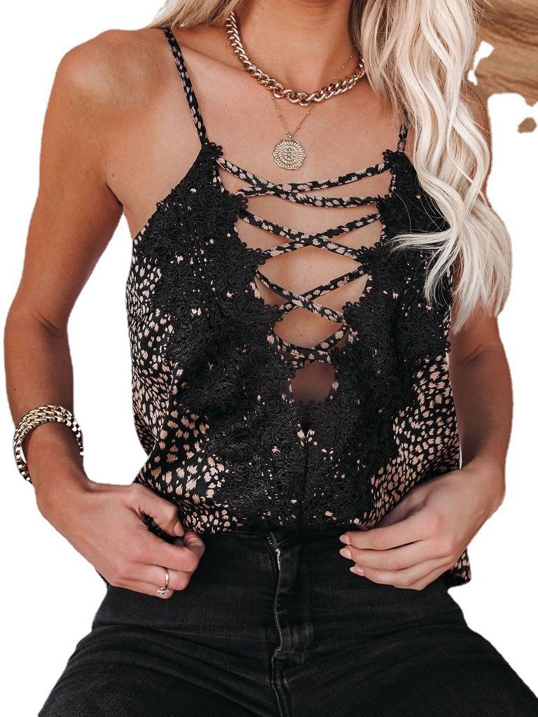 Fashion Deep V Lace Leopard Print Suspender Top - Tank Tops - INS | Online Fashion Free Shipping Clothing, Dresses, Tops, Shoes - 19/05/2021 - Color_Black - Season_Summer