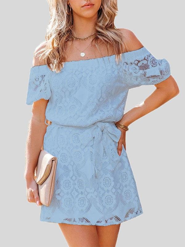 Fashion Embroidered Lace Short-sleeved One-neck Dress - Mini Dresses - INS | Online Fashion Free Shipping Clothing, Dresses, Tops, Shoes - 05/06/2021 - Color_Blue - Color_Pink