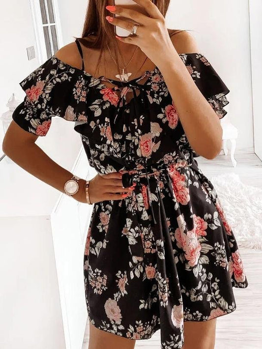 Fashion Floral Print Sling Off Shoulder Mini Dress - Mini Dresses - INS | Online Fashion Free Shipping Clothing, Dresses, Tops, Shoes - 22/05/2021 - Color_Black - Color_White