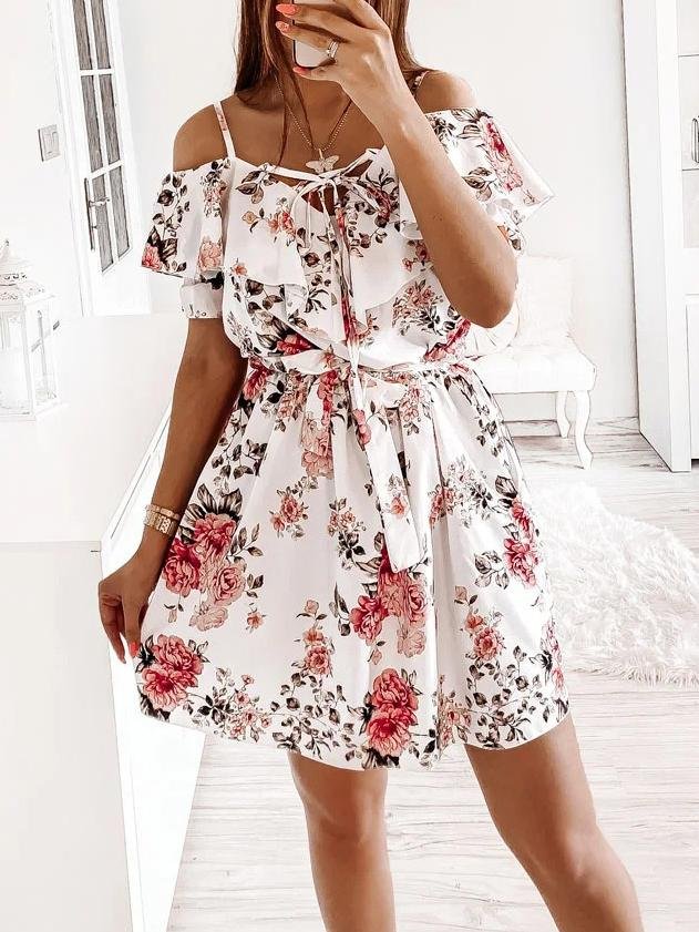 Fashion Floral Print Sling Off Shoulder Mini Dress - Mini Dresses - INS | Online Fashion Free Shipping Clothing, Dresses, Tops, Shoes - 22/05/2021 - Color_Black - Color_White