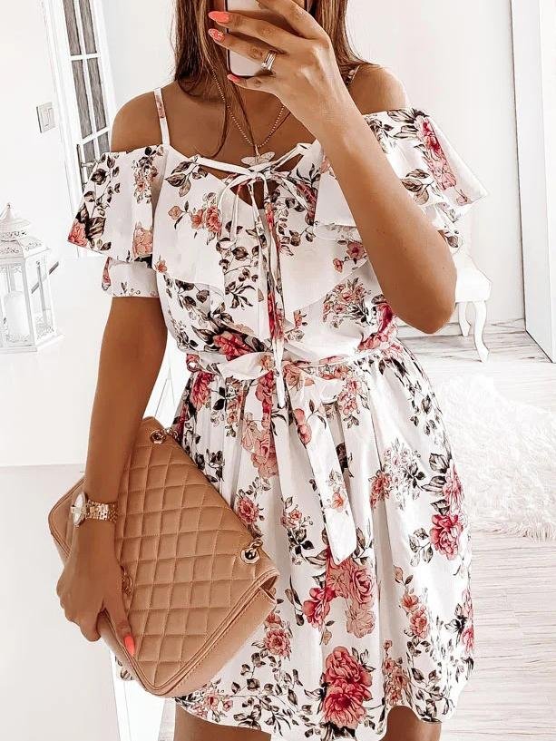 Fashion Floral Print Sling Off Shoulder Mini Dress - Mini Dresses - INS | Online Fashion Free Shipping Clothing, Dresses, Tops, Shoes - 22/05/2021 - Color_Black - Color_White
