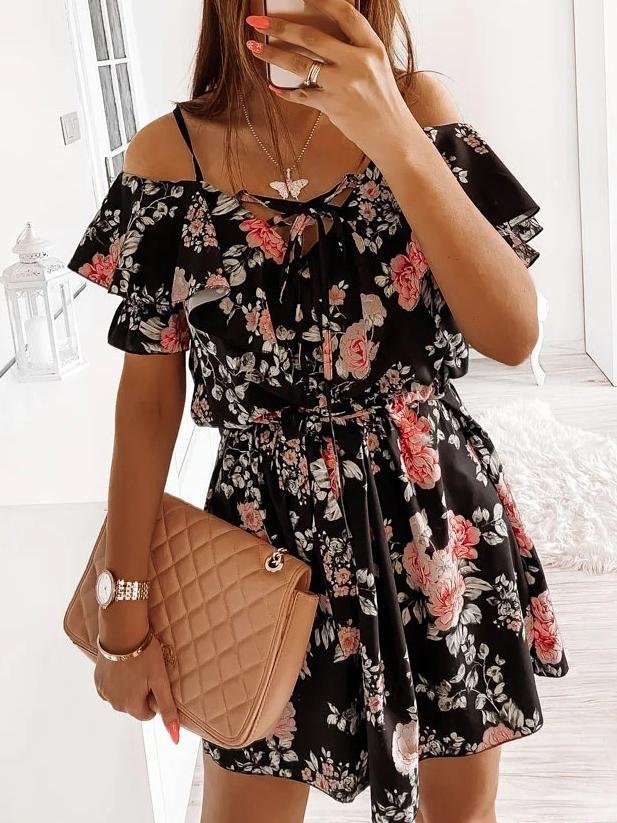 Fashion Floral Print Sling Off Shoulder Mini Dress - Mini Dresses - INS | Online Fashion Free Shipping Clothing, Dresses, Tops, Shoes - 22/05/2021 - Color_Black - Color_White