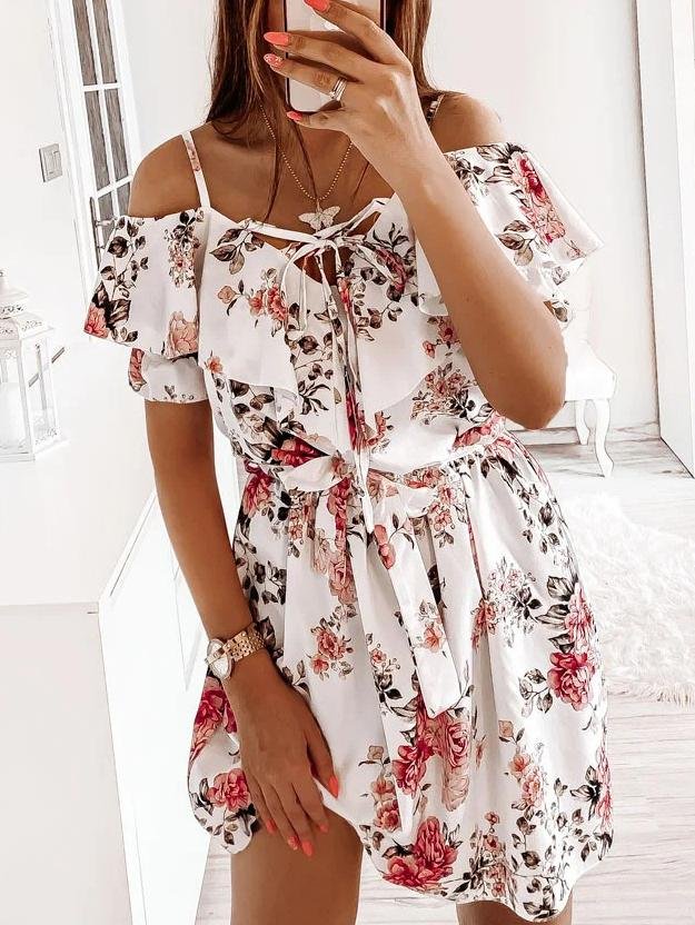 Fashion Floral Print Sling Off Shoulder Mini Dress - Mini Dresses - INS | Online Fashion Free Shipping Clothing, Dresses, Tops, Shoes - 22/05/2021 - Color_Black - Color_White