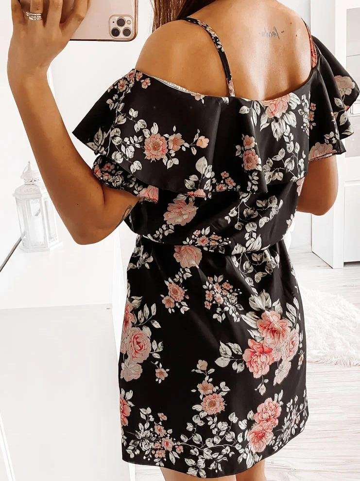 Fashion Floral Print Sling Off Shoulder Mini Dress - Mini Dresses - INS | Online Fashion Free Shipping Clothing, Dresses, Tops, Shoes - 22/05/2021 - Color_Black - Color_White