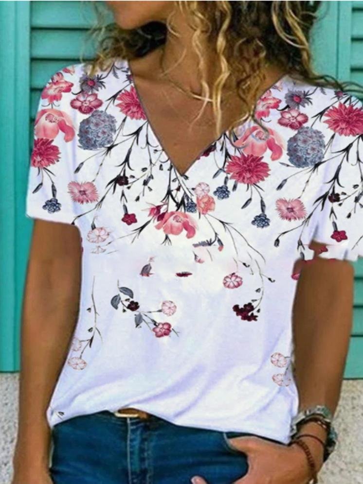 Fashion Floral Print V-neck T-shirt - T-shirts - INS | Online Fashion Free Shipping Clothing, Dresses, Tops, Shoes - 10-20 - 21/06/2021 - color-white