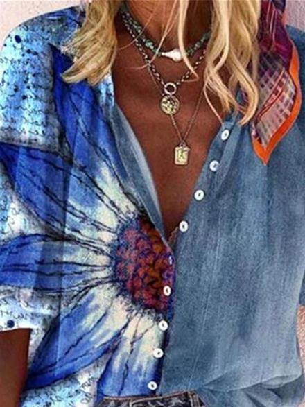 Fashion Flower Printed Button-up Shirt - Blouses - INS | Online Fashion Free Shipping Clothing, Dresses, Tops, Shoes - 02/06/2021 - BLO210602305 - Blouses