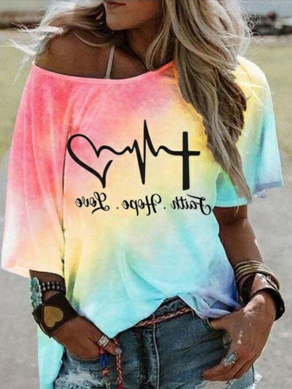 Fashion Gradient Color Letter Print Loose T-shirt - T-Shirts - INS | Online Fashion Free Shipping Clothing, Dresses, Tops, Shoes - 05/06/2021 - Color_Blue - Color_Pink