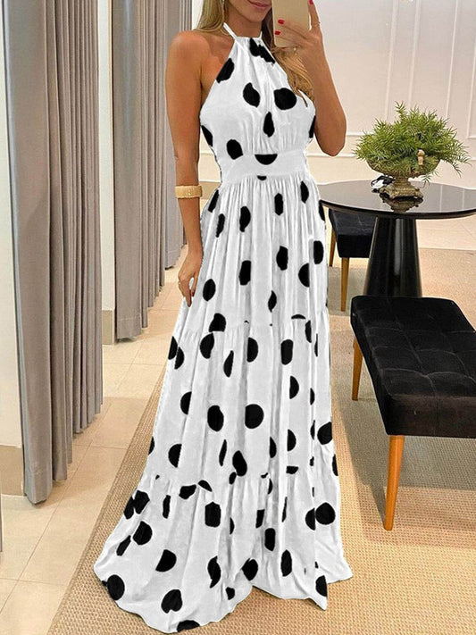 Fashion Halter Tie Printed Maxi Dress - Maxi Dresses - INS | Online Fashion Free Shipping Clothing, Dresses, Tops, Shoes - 09/06/2021 - Color_Black - Color_White