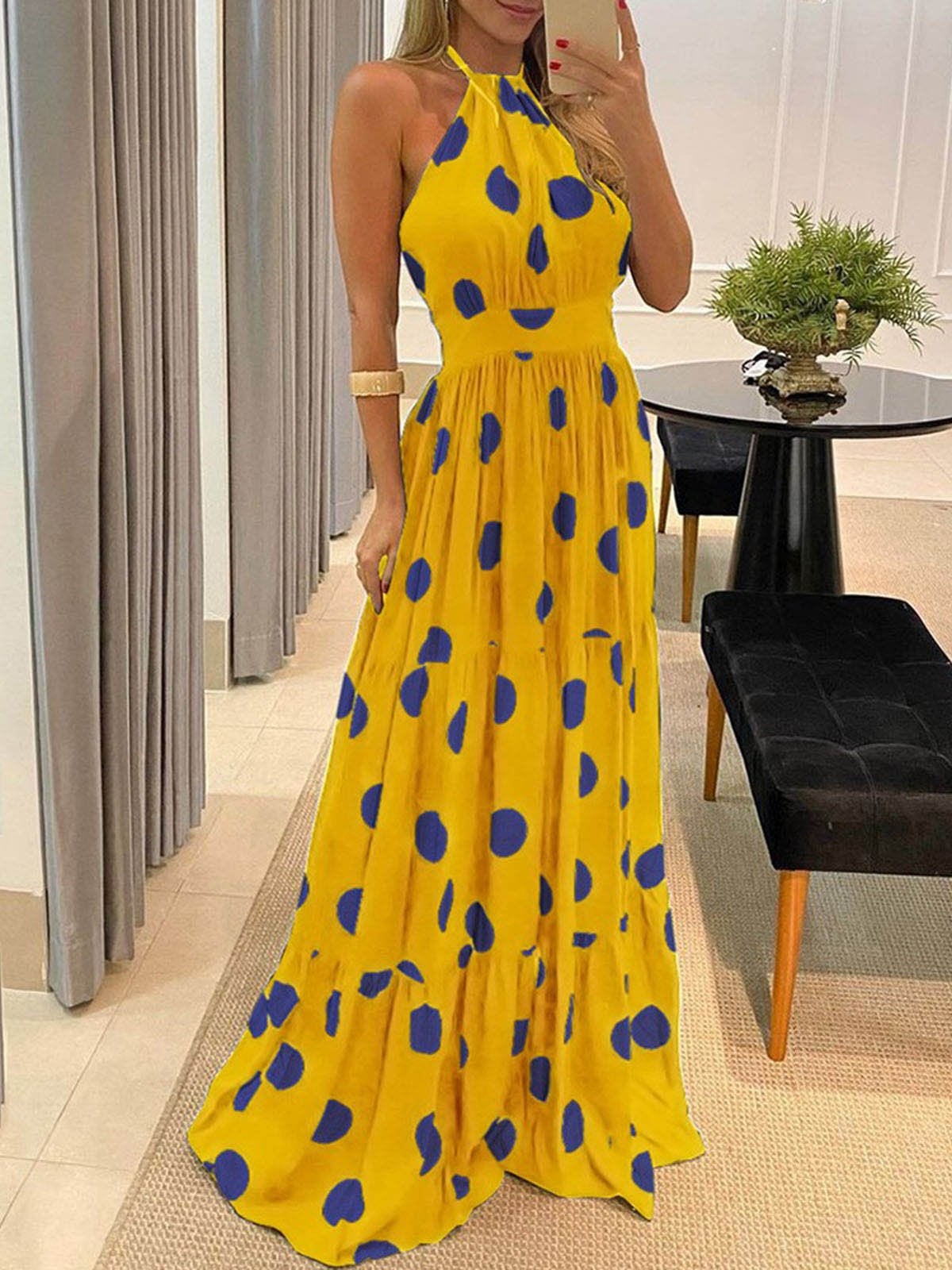 Fashion Halter Tie Printed Maxi Dress - Maxi Dresses - INS | Online Fashion Free Shipping Clothing, Dresses, Tops, Shoes - 09/06/2021 - Color_Black - Color_White