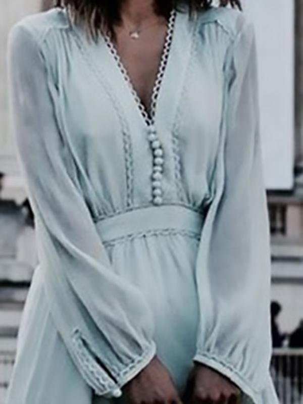 Fashion Irregular Long Sleeve V Neck Dress - Midi Dresses - INS | Online Fashion Free Shipping Clothing, Dresses, Tops, Shoes - 20/07/2021 - 40-50 - color-blue