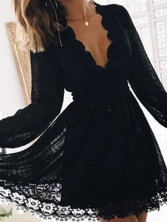Fashion Lace V-neck Long-sleeved Short Dress - Mini Dresses - INS | Online Fashion Free Shipping Clothing, Dresses, Tops, Shoes - 08/07/2021 - 30-40 - color-black