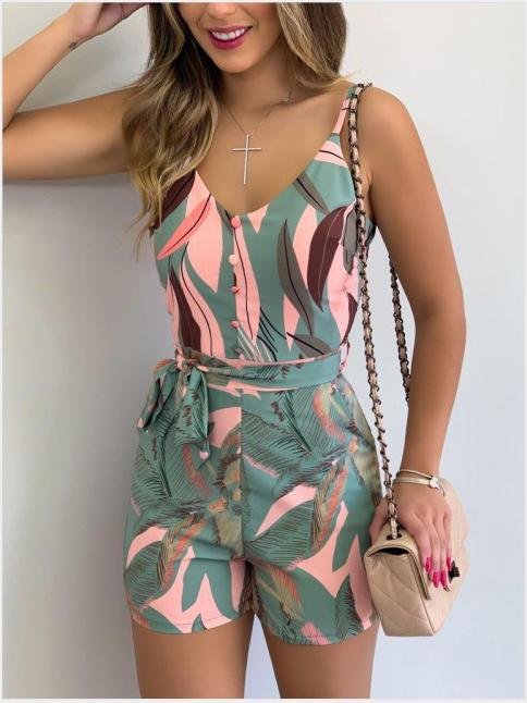 Fashion Leaf Print V-neck Suspender Belt Jumpsuit - Jumpsuits - INS | Online Fashion Free Shipping Clothing, Dresses, Tops, Shoes - 24/05/2021 - Color_Black - Color_Light Green