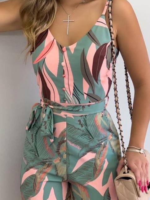 Fashion Leaf Print V-neck Suspender Belt Jumpsuit - Jumpsuits - INS | Online Fashion Free Shipping Clothing, Dresses, Tops, Shoes - 24/05/2021 - Color_Black - Color_Light Green
