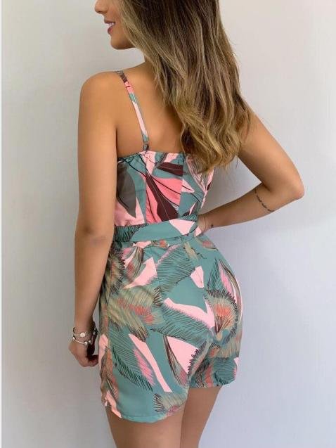 Fashion Leaf Print V-neck Suspender Belt Jumpsuit - Jumpsuits - INS | Online Fashion Free Shipping Clothing, Dresses, Tops, Shoes - 24/05/2021 - Color_Black - Color_Light Green