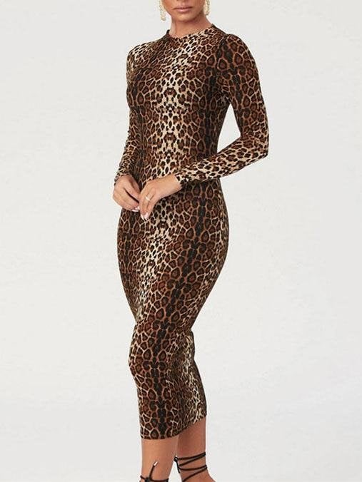 Fashion Leopard Print Long Sleeve Slim Dress - Midi Dresses - INS | Online Fashion Free Shipping Clothing, Dresses, Tops, Shoes - 09/07/2021 - 10-20 - color-brown