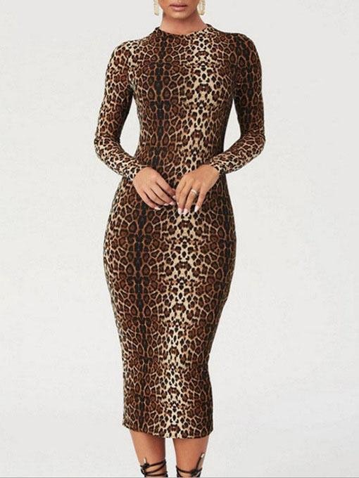 Fashion Leopard Print Long Sleeve Slim Dress - Midi Dresses - INS | Online Fashion Free Shipping Clothing, Dresses, Tops, Shoes - 09/07/2021 - 10-20 - color-brown