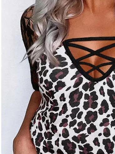 Fashion Leopard Print V-neck Lace T-shirt - T-Shirts - INS | Online Fashion Free Shipping Clothing, Dresses, Tops, Shoes - 31/05/2021 - Color_Black - LXQ
