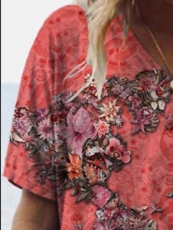 Fashion Map Printed V-neck Short-sleeved T-shirt - T-shirts - INS | Online Fashion Free Shipping Clothing, Dresses, Tops, Shoes - 07/06/2021 - Color_Purple - Color_Red