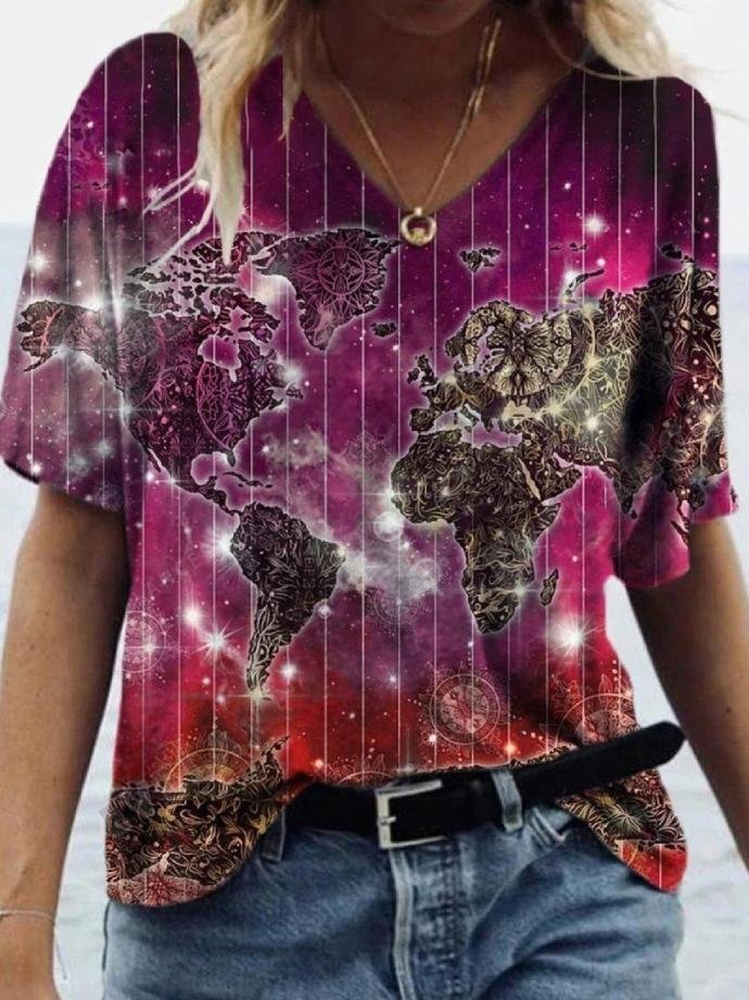 Fashion Map Printed V-neck Short-sleeved T-shirt - T-shirts - INS | Online Fashion Free Shipping Clothing, Dresses, Tops, Shoes - 07/06/2021 - Color_Purple - Color_Red