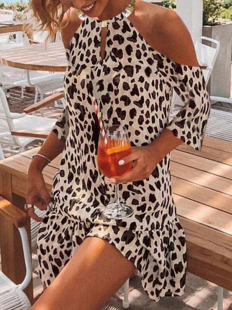 Fashion Middle-sleeve Leopard Print Halterneck Dress - Mini Dresses - INS | Online Fashion Free Shipping Clothing, Dresses, Tops, Shoes - 01/06/2021 - Color_White - DRE2106011136