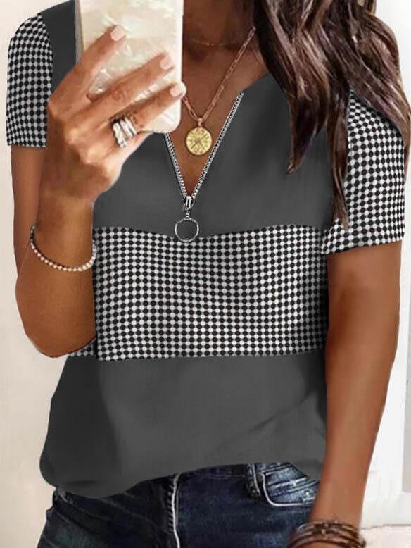 Fashion Plaid Printed V-neck T-shirts - T-shirts - INS | Online Fashion Free Shipping Clothing, Dresses, Tops, Shoes - 04/06/2021 - Color_Gray - Color_White