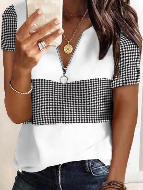 Fashion Plaid Printed V-neck T-shirts - T-shirts - INS | Online Fashion Free Shipping Clothing, Dresses, Tops, Shoes - 04/06/2021 - Color_Gray - Color_White