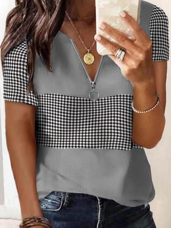 Fashion Plaid Printed V-neck T-shirts - T-shirts - INS | Online Fashion Free Shipping Clothing, Dresses, Tops, Shoes - 04/06/2021 - Color_Gray - Color_White