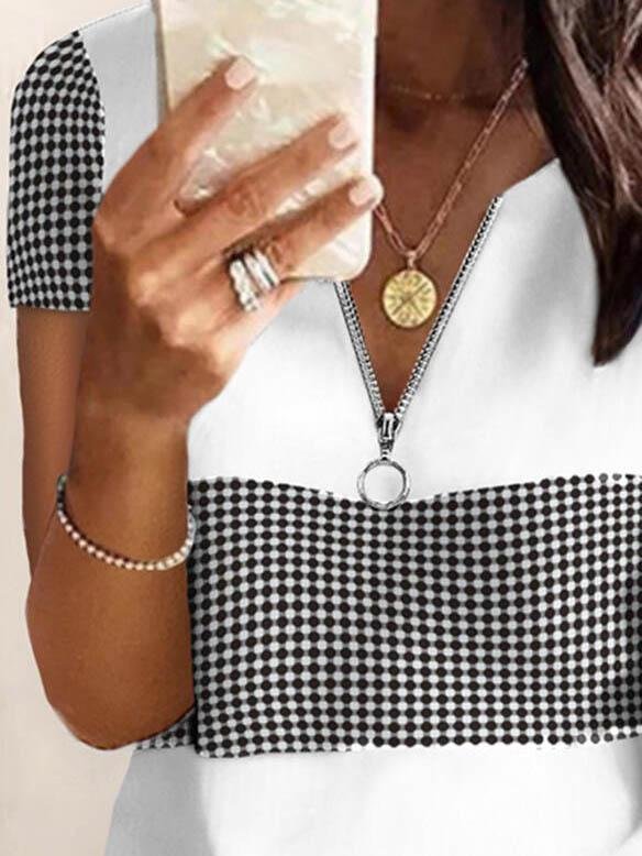 Fashion Plaid Printed V-neck T-shirts - T-shirts - INS | Online Fashion Free Shipping Clothing, Dresses, Tops, Shoes - 04/06/2021 - Color_Gray - Color_White