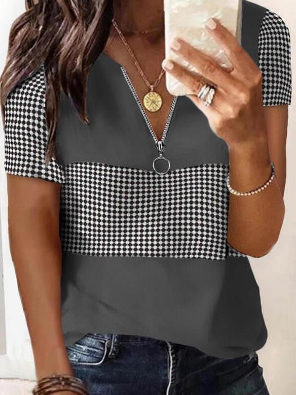 Fashion Plaid Printed V-neck T-shirts - T-shirts - INS | Online Fashion Free Shipping Clothing, Dresses, Tops, Shoes - 04/06/2021 - Color_Gray - Color_White