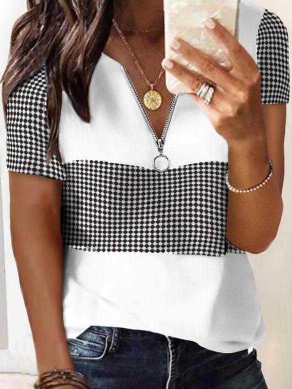 Fashion Plaid Printed V-neck T-shirts - T-shirts - INS | Online Fashion Free Shipping Clothing, Dresses, Tops, Shoes - 04/06/2021 - Color_Gray - Color_White