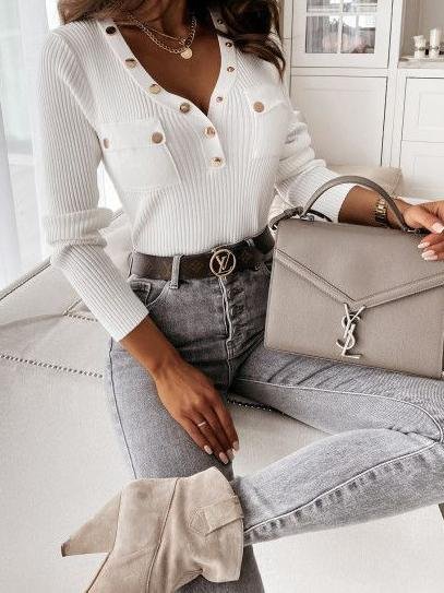 Fashion Pocket V-neck Long-sleeved Top - T-shirts - INS | Online Fashion Free Shipping Clothing, Dresses, Tops, Shoes - 20-30 - 21/06/2021 - color-black