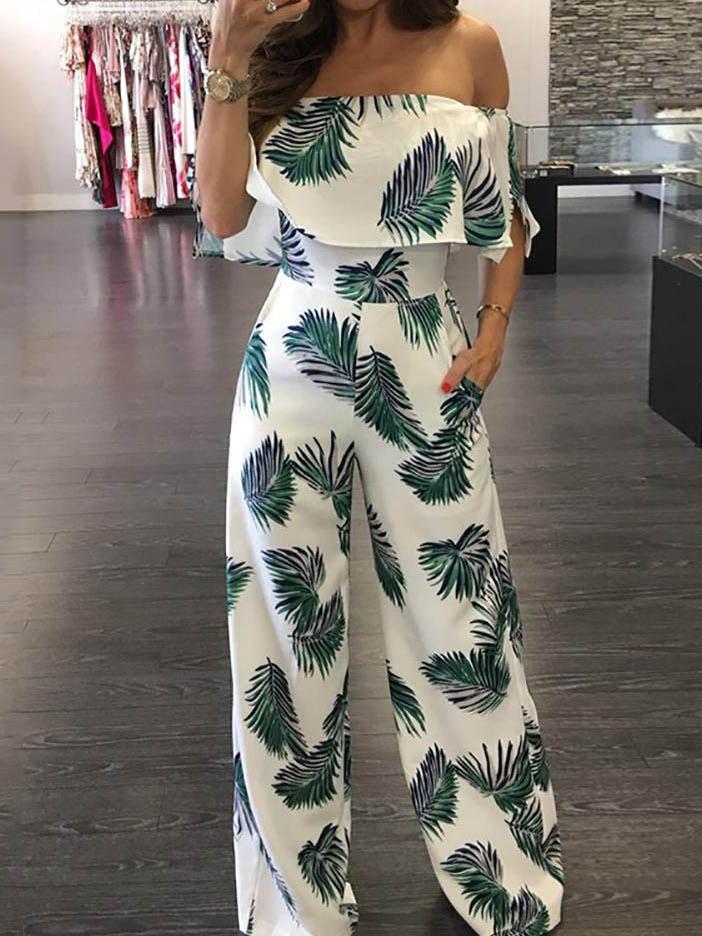 Fashion Print Frilled Off Shoulder Flared Jumpsuit - Jumpsuits & Rompers - INS | Online Fashion Free Shipping Clothing, Dresses, Tops, Shoes - 29/04/2021 - Color_Blue - Color_Green