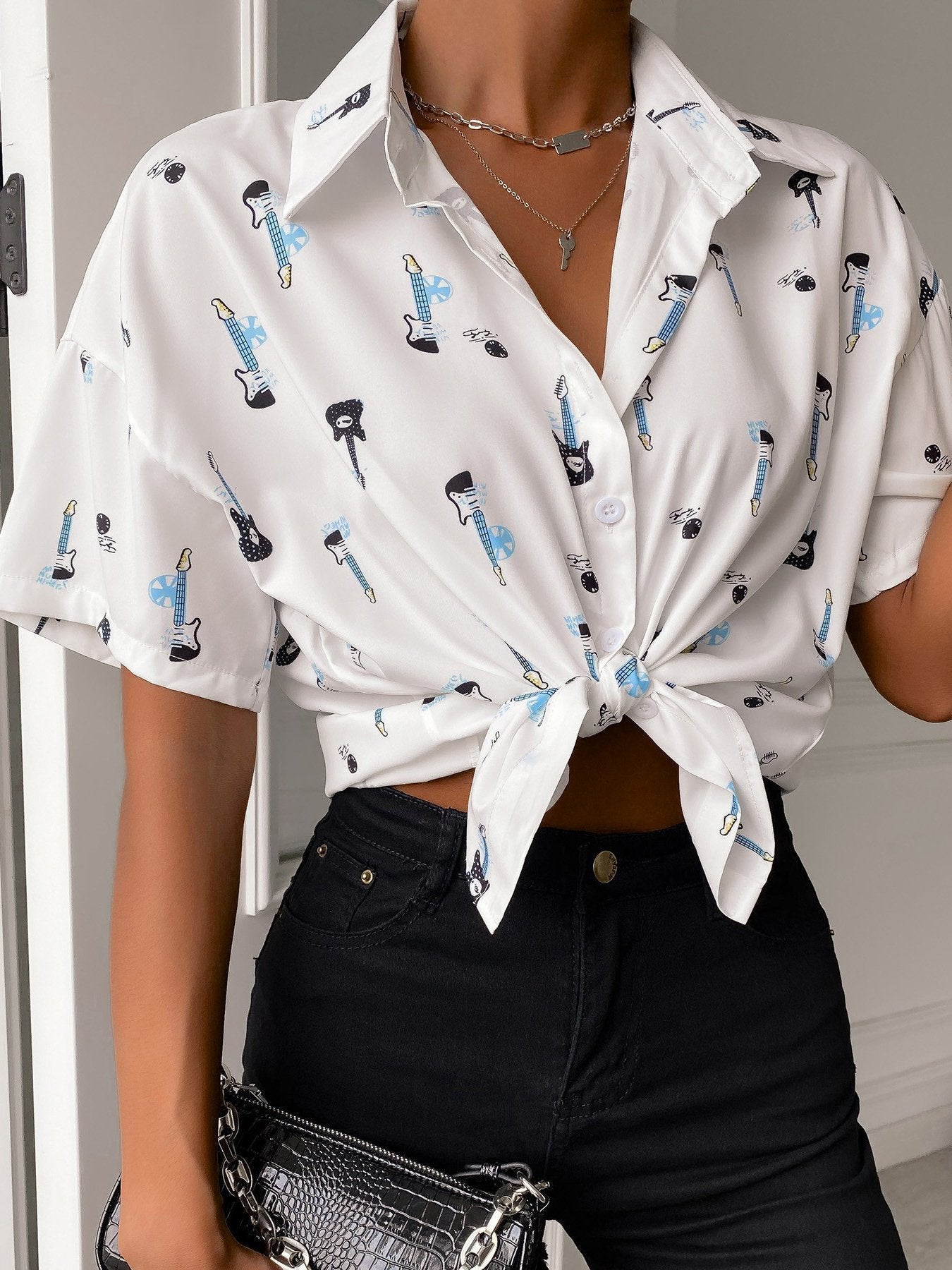 Fashion Print Lapel Short Sleeve Top - Blouses - INS | Online Fashion Free Shipping Clothing, Dresses, Tops, Shoes - 31/05/2021 - BLO210531291 - Blouses