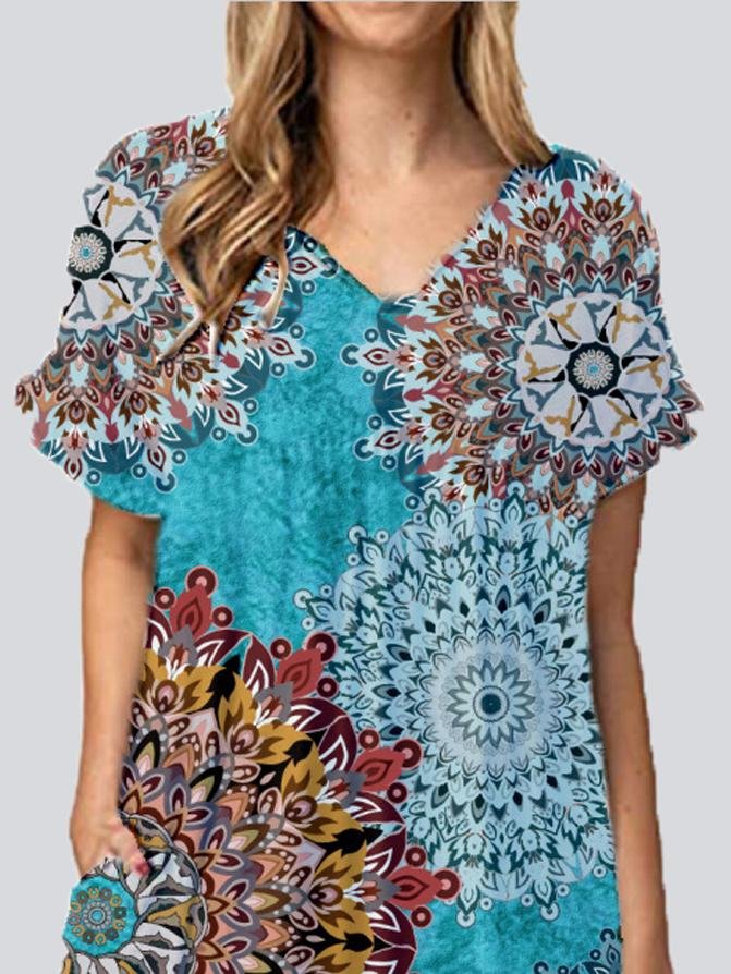 Fashion Print V Neck Short Sleeve Mini Dresses - Mini Dresses - INS | Online Fashion Free Shipping Clothing, Dresses, Tops, Shoes - 22/05/2021 - Color_Black Flower - Color_Blue