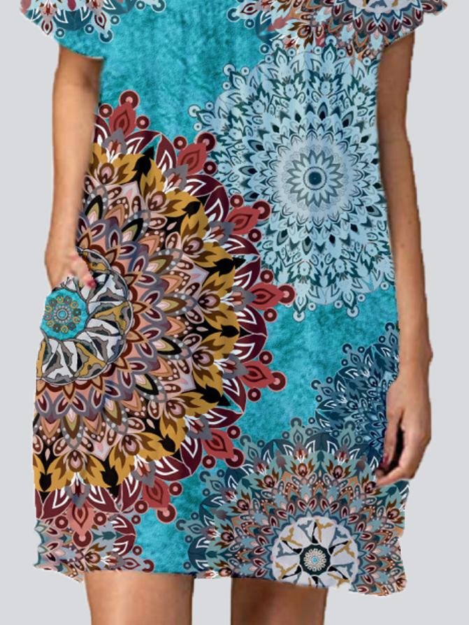 Fashion Print V Neck Short Sleeve Mini Dresses - Mini Dresses - INS | Online Fashion Free Shipping Clothing, Dresses, Tops, Shoes - 22/05/2021 - Color_Black Flower - Color_Blue