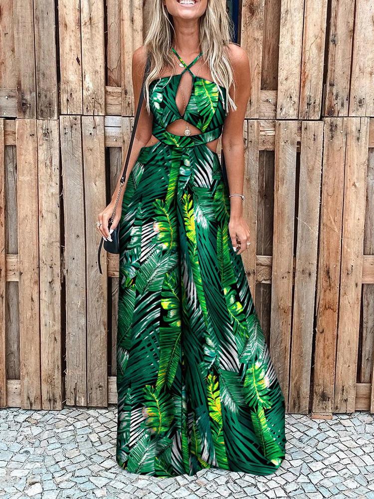 Fashion Printed Hollow Halter Wide-leg Jumpsuit - Jumpsuit & Rompers - INS | Online Fashion Free Shipping Clothing, Dresses, Tops, Shoes - 16/06/2021 - 30-40 - Bottoms