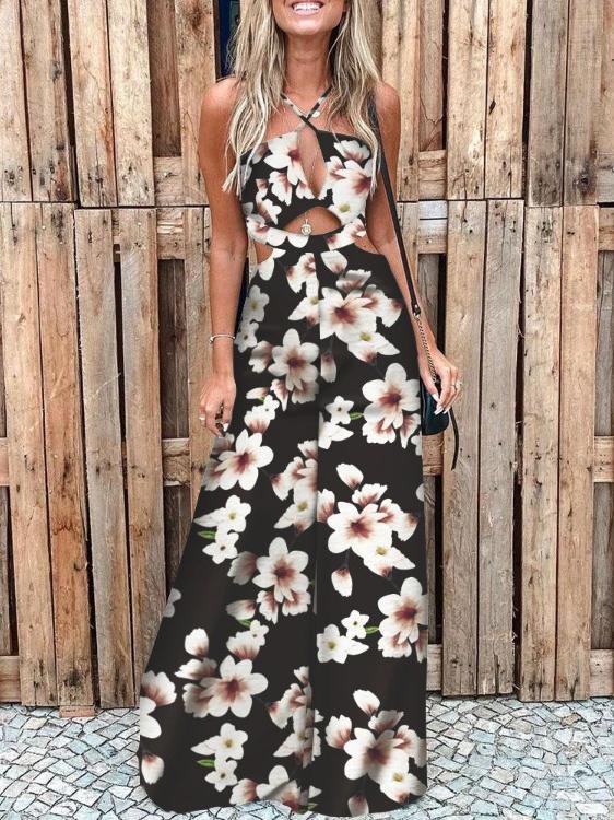 Fashion Printed Hollow Halter Wide-leg Jumpsuit - Jumpsuit & Rompers - INS | Online Fashion Free Shipping Clothing, Dresses, Tops, Shoes - 16/06/2021 - 30-40 - Bottoms